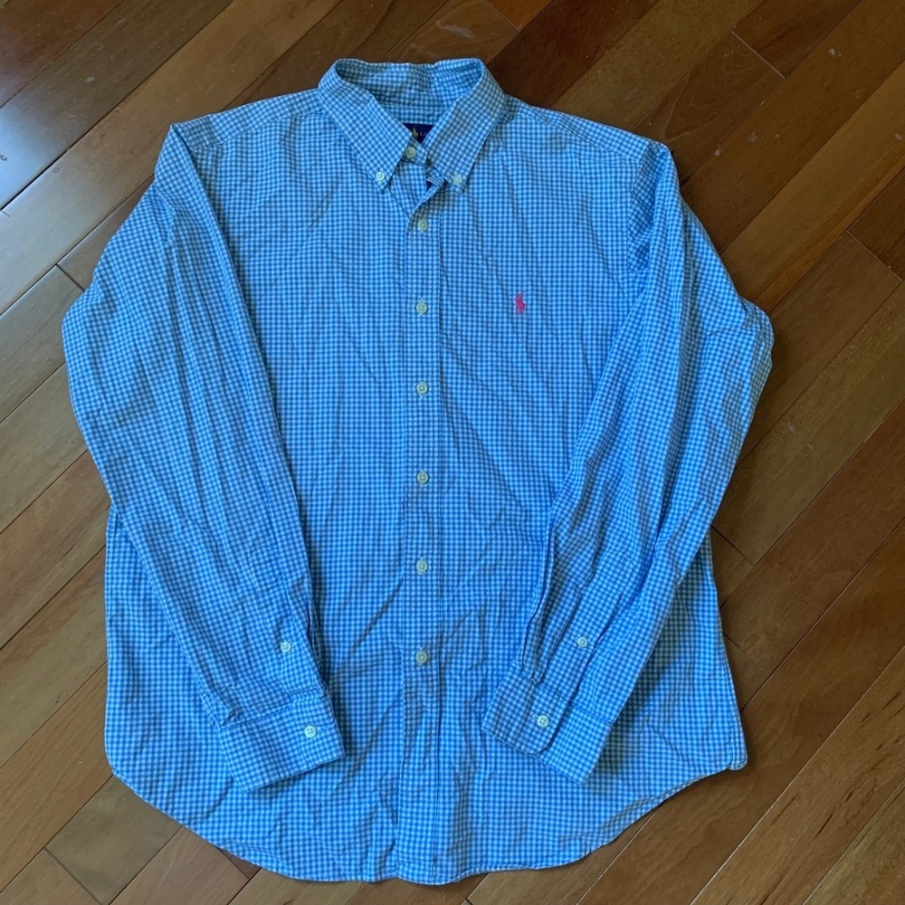 Ralph Lauren L Blue White Gingham Plaid Button Front Shirt Cotton Excellent Used